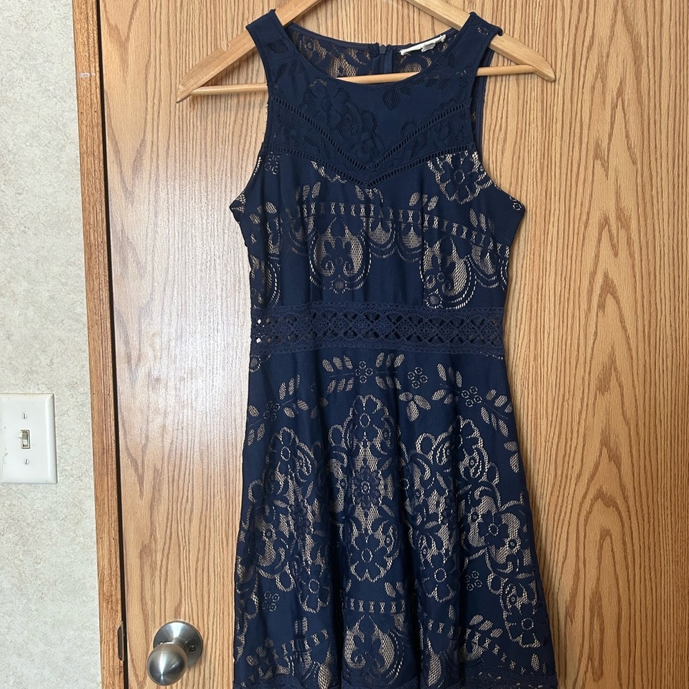 Rebellion Navy Blue Floral Lace Fit and Flare Dress Medium - Picture 2 of 15